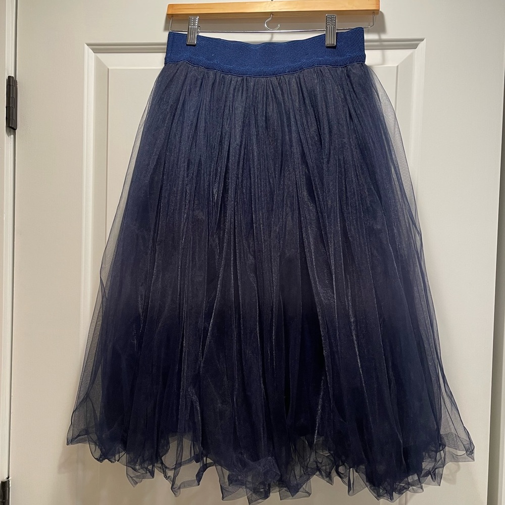 Navy Blue Lined Tulle Midi Skirt Size LARGE